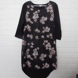 Simons Twik Black with Pink Roses High Low Shift Dress 3/4 Sleeve Size Small